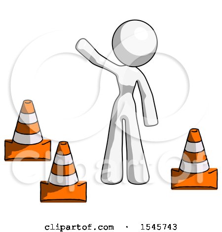 White Design Mascot Woman Standing by Traffic Cones Waving by Leo Blanchette