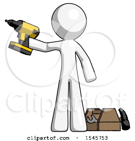 White Design Mascot Man Holding Drill Ready to Work, Toolchest and Tools to Right by Leo Blanchette