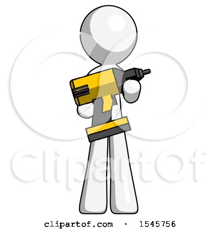 White Design Mascot Man Holding Large Drill by Leo Blanchette