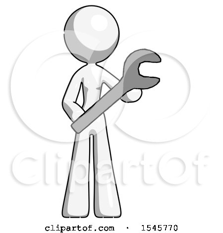 White Design Mascot Woman Holding Large Wrench with Both Hands by Leo Blanchette