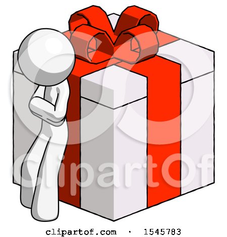 White Design Mascot Man Leaning on Gift with Red Bow Angle View by Leo Blanchette