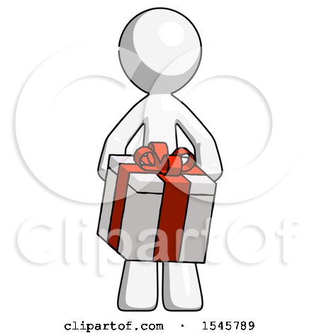 White Design Mascot Man Gifting Present with Large Bow Front View by Leo Blanchette