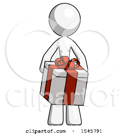 White Design Mascot Woman Gifting Present with Large Bow Front View by Leo Blanchette