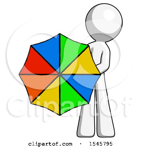 White Design Mascot Man Holding Rainbow Umbrella out to Viewer by Leo Blanchette