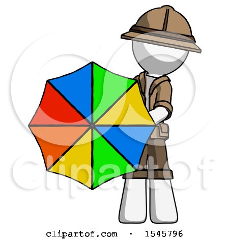 White Explorer Ranger Man Holding Rainbow Umbrella out to Viewer by Leo Blanchette
