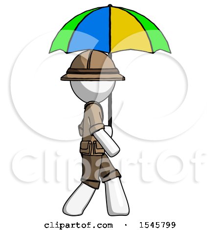 White Explorer Ranger Man Walking with Colored Umbrella by Leo Blanchette