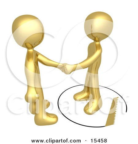 Unsuspecting Gold Man Shaking Hands On A Deal With Another Man As A Saw Cuts A Circle Out From Under Him Clipart Illustration Image by 3poD