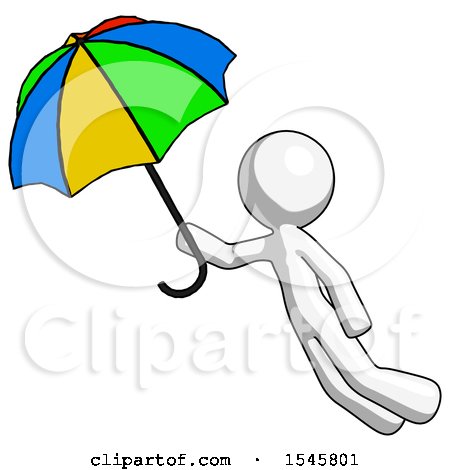 White Design Mascot Man Flying with Rainbow Colored Umbrella by Leo Blanchette