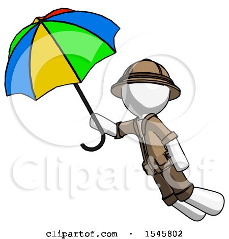 White Explorer Ranger Man Flying with Rainbow Colored Umbrella by Leo Blanchette