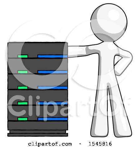 White Design Mascot Man with Server Rack Leaning Confidently Against It by Leo Blanchette