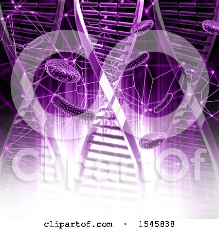 Clipart of a 3d Purple Dna Strand and Virus Background - Royalty Free Illustration by KJ Pargeter
