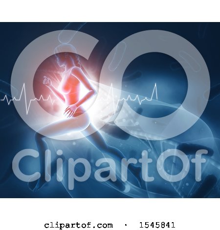 Clipart of a 3d Fit Woman Running over a Virus, Heart Rate Graph and Dna Strand - Royalty Free Illustration by KJ Pargeter