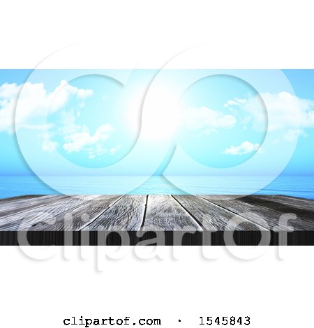 Clipart of a 3d Aged Wooden Deck with a View of the Ocean - Royalty Free Illustration by KJ Pargeter