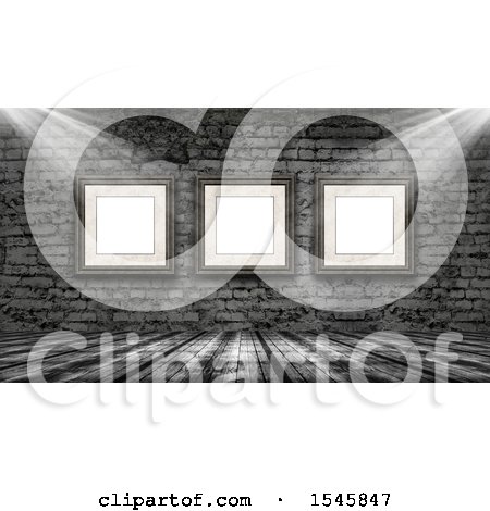 Clipart of a 3d Wood Floor and Brick Wall with Light Shining on Blank Picture Frames - Royalty Free Illustration by KJ Pargeter