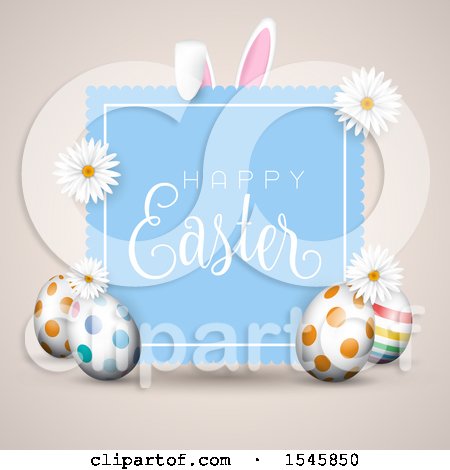 Clipart of a Happy Easter Greeting with Eggs, Daisy Flowers and Bunny Ears - Royalty Free Vector Illustration by KJ Pargeter