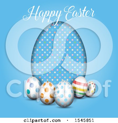 Clipart of a Happy Easter Greeting with Eggs on Blue - Royalty Free Vector Illustration by KJ Pargeter