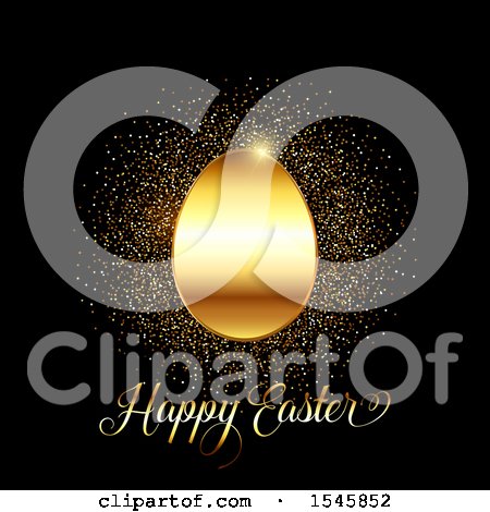 Clipart of a Golden Happy Easter Greeting with an Egg and Glitter on Black - Royalty Free Vector Illustration by KJ Pargeter
