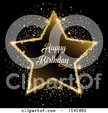 Clipart of a Golden Glitter Happy Birthday Star on Black - Royalty Free Vector Illustration by KJ Pargeter