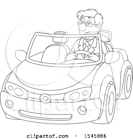 Clipart of a Lineart Happy Man Driving a Convertible Car - Royalty Free Vector Illustration by Alex Bannykh
