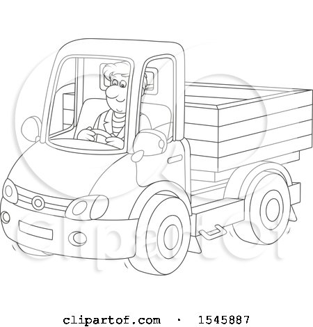 Clipart of a Lineart Man Driving a Pickup Truck - Royalty Free Vector Illustration by Alex Bannykh