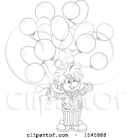 Clipart of a Lineart Clown with Birthday Party Balloons - Royalty Free Vector Illustration by Alex Bannykh