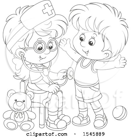 Clipart of a Lineart Girl Playing Nurse with a Boy - Royalty Free Vector Illustration by Alex Bannykh