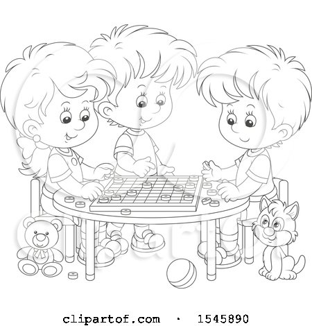 Clipart of a Lineart Cat Watching a Group of Children Play Checkers at a Table - Royalty Free Vector Illustration by Alex Bannykh