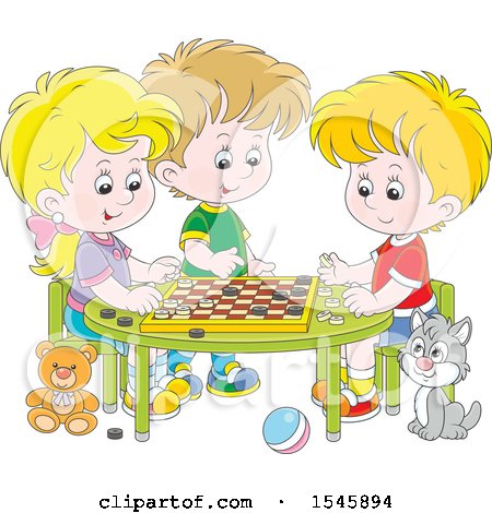 Clipart of a Cat Watching a Group of Kids Play Checkers at a Table - Royalty Free Vector Illustration by Alex Bannykh