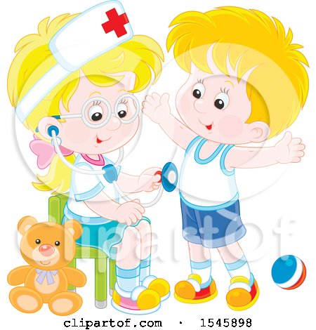 Clipart of a Blond Caucasian Girl Playing Nurse with a Boy - Royalty Free Vector Illustration by Alex Bannykh