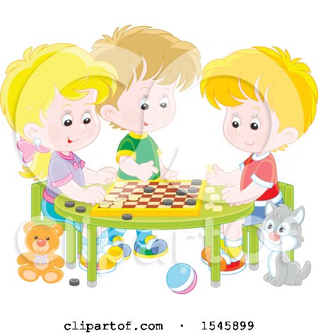 Clipart of a Cat Watching a Group of Children Play Checkers at a Table - Royalty Free Vector Illustration by Alex Bannykh