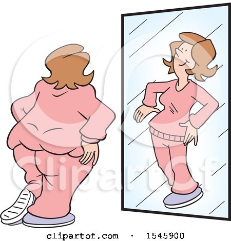 Clipart of a Chubby White Woman Seeing Herself As Thin in the Mirror - Royalty Free Vector Illustration by Johnny Sajem