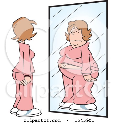 Clipart of a Thin Woman Seeing Herself As Chubby in the Mirror - Royalty Free Vector Illustration by Johnny Sajem