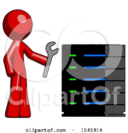 Red Design Mascot Man Server Administrator Doing Repairs by Leo Blanchette