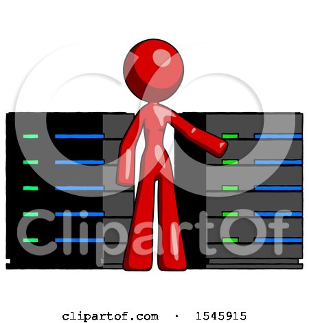 Red Design Mascot Woman with Server Racks, in Front of Two Networked Systems by Leo Blanchette