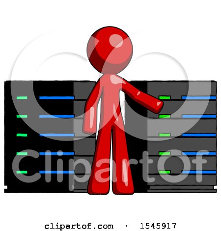 Red Design Mascot Man with Server Racks, in Front of Two Networked Systems by Leo Blanchette