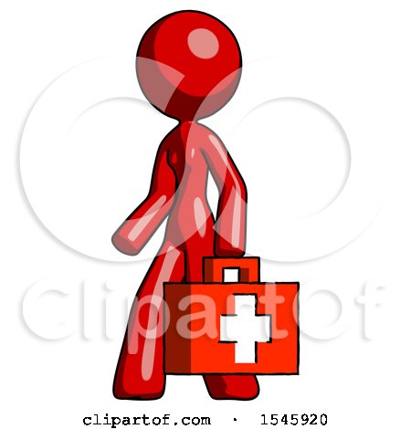 Red Design Mascot Woman Walking with Medical Aid Briefcase to Left by Leo Blanchette