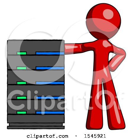 Red Design Mascot Man with Server Rack Leaning Confidently Against It by Leo Blanchette