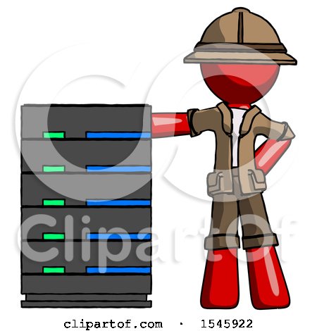 Red Explorer Ranger Man with Server Rack Leaning Confidently Against It by Leo Blanchette