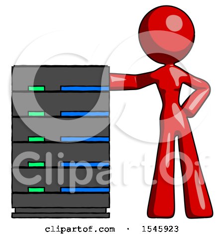 Red Design Mascot Woman with Server Rack Leaning Confidently Against It by Leo Blanchette