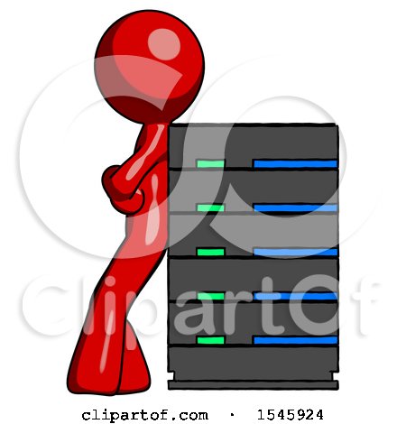 Red Design Mascot Man Resting Against Server Rack by Leo Blanchette