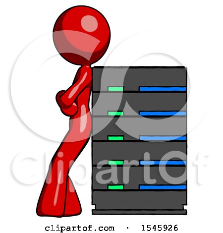 Red Design Mascot Woman Resting Against Server Rack by Leo Blanchette