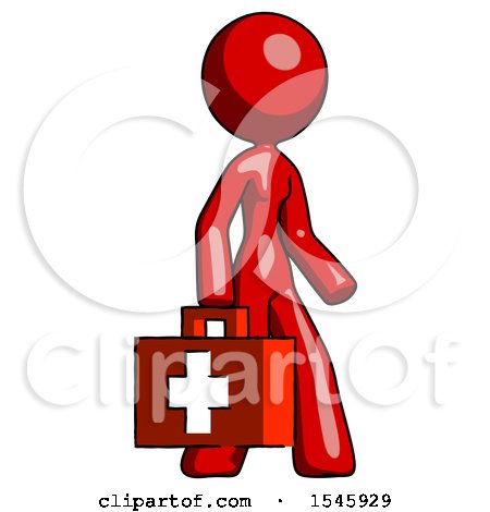 Red Design Mascot Woman Walking with Medical Aid Briefcase to Right by Leo Blanchette