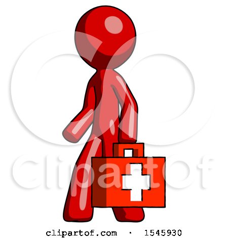 Red Design Mascot Man Walking with Medical Aid Briefcase to Left by Leo Blanchette