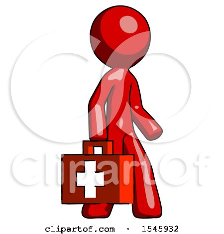Red Design Mascot Man Walking with Medical Aid Briefcase to Right by Leo Blanchette