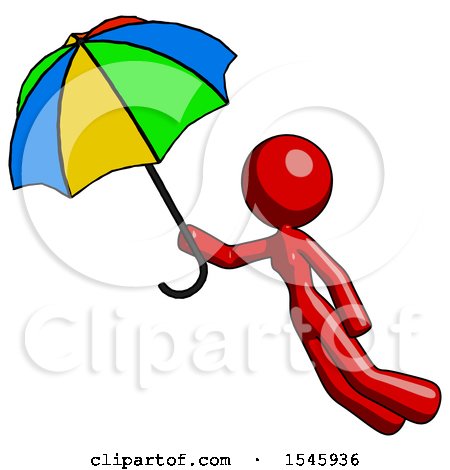 Red Design Mascot Woman Flying with Rainbow Colored Umbrella by Leo Blanchette