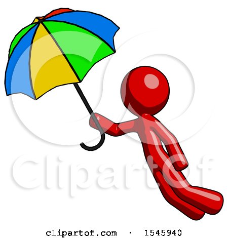 Red Design Mascot Man Flying with Rainbow Colored Umbrella by Leo Blanchette
