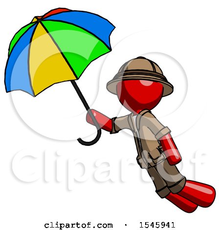 Red Explorer Ranger Man Flying with Rainbow Colored Umbrella by Leo Blanchette
