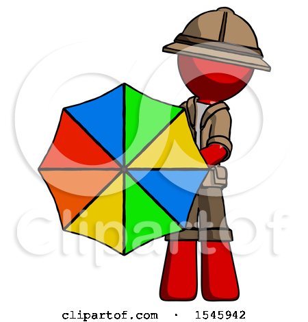 Red Explorer Ranger Man Holding Rainbow Umbrella out to Viewer by Leo Blanchette