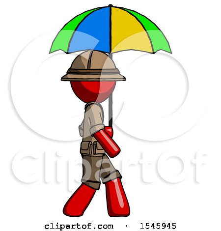 Red Explorer Ranger Man Walking with Colored Umbrella by Leo Blanchette