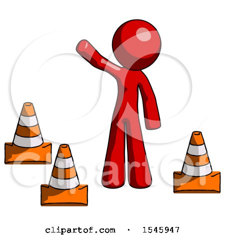 Red Design Mascot Man Standing by Traffic Cones Waving by Leo Blanchette